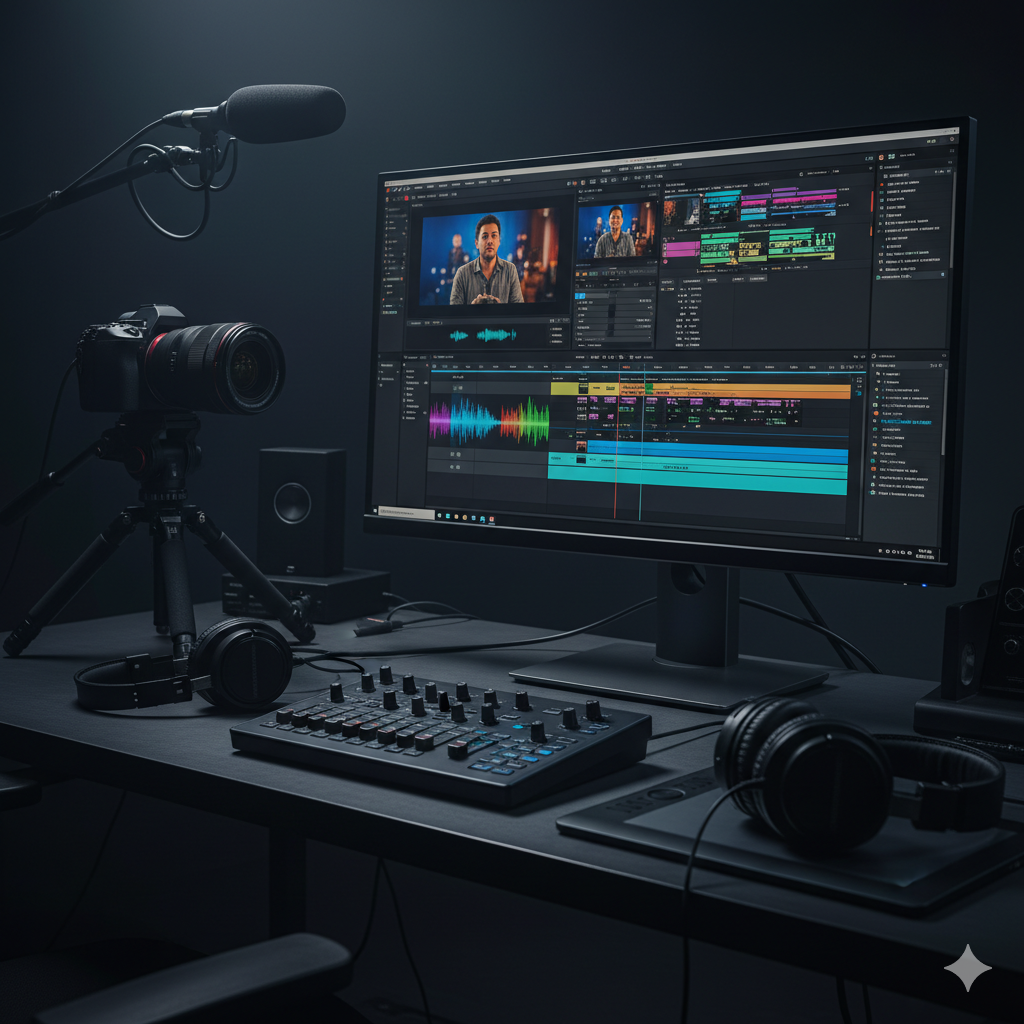 Video editing timeline and production gear visualization